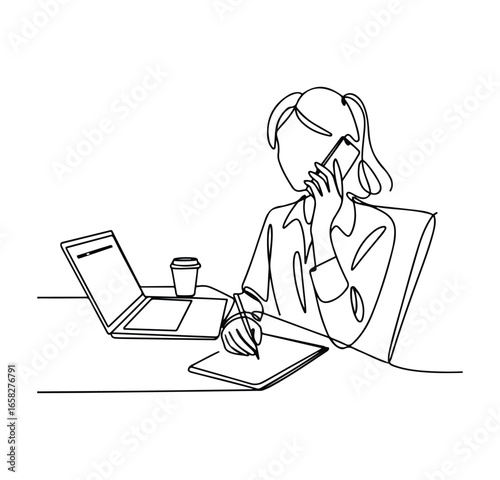 Businesswoman Continuous Line Art – Office Desk with Laptop, Coffee and Documents