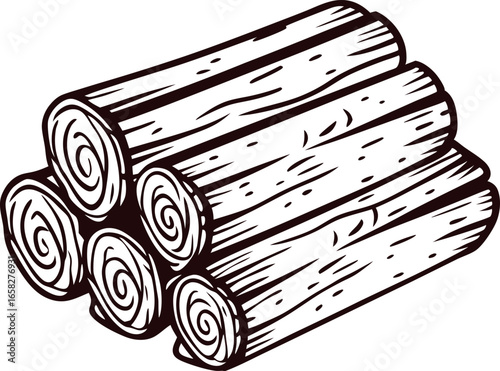 Hand drawn bundle of firewood logs in vintage engraving illustration isolated on white background