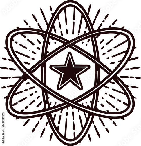 Hand drawn atomic symbol with radiating lines and star in the center illustration