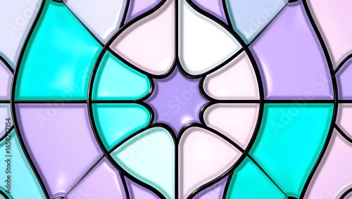 Abstract design featuring teal lavender and white tiles with black outlines in a circular pattern