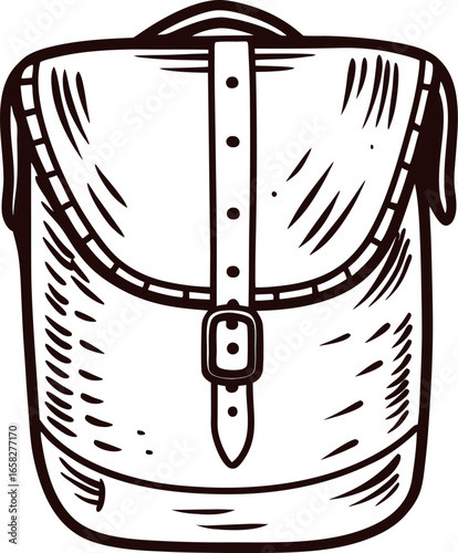 Hand drawn vintage backpack with flap cover and buckle clasp sketch illustration isolated on white background