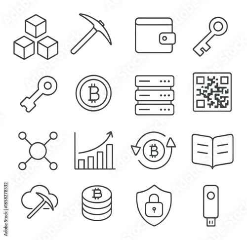 Linear cryptocurrency icon set featuring blockchain, mining, wallet, key, bitcoin, server, and security symbols