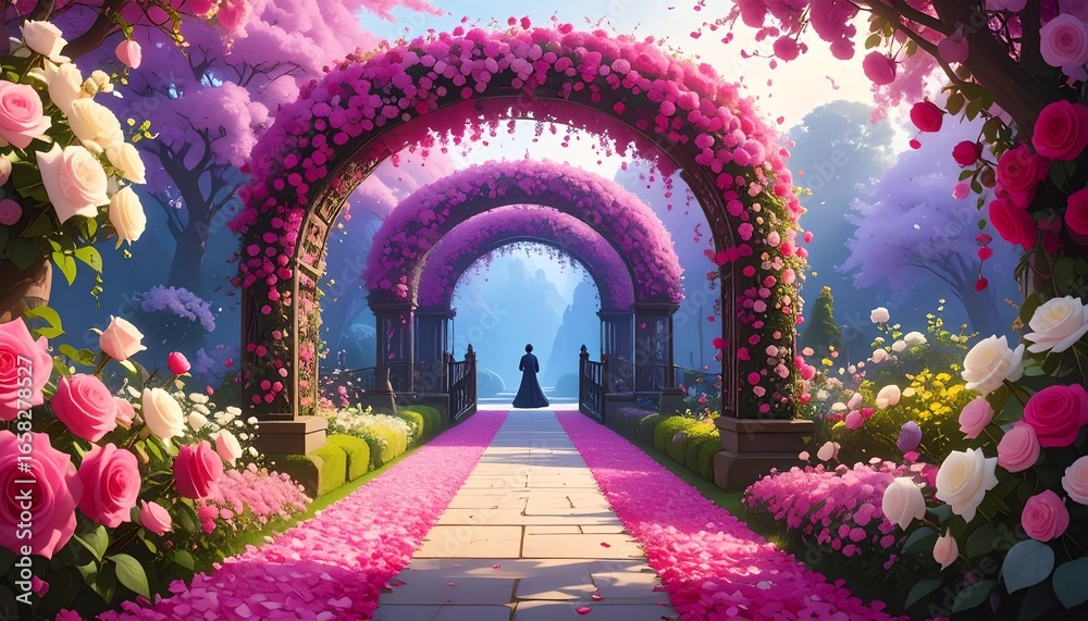 Fototapeta premium majestic and romantic scene of a person standing at the end of a stone and floral path, leading through a series of elaborate arches covered in vibrant pink flowers. The image, with its rich colors
