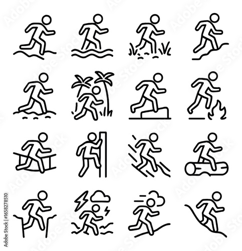 Silhouette adventure icon set featuring hiking, running, climbing, jumping, and swimming symbols