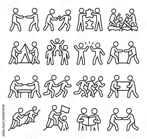 Linear teamwork icons set featuring collaboration, partnership, unity, and group activities symbols