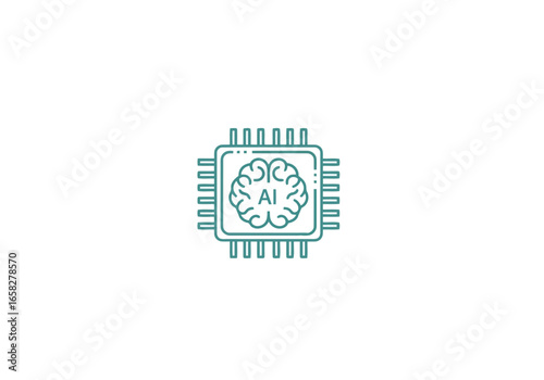 Vector illustration of outline icon of a computer chip with a stylized brain and the letters ai inside, representing artificial intelligence