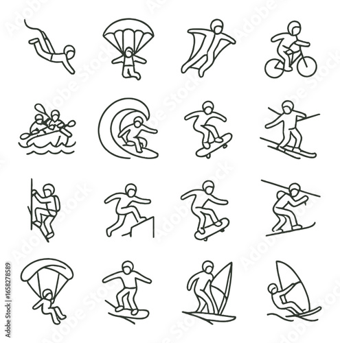 Linear adventure sports icon set featuring skydiving, surfing, cycling, skateboarding, and climbing
