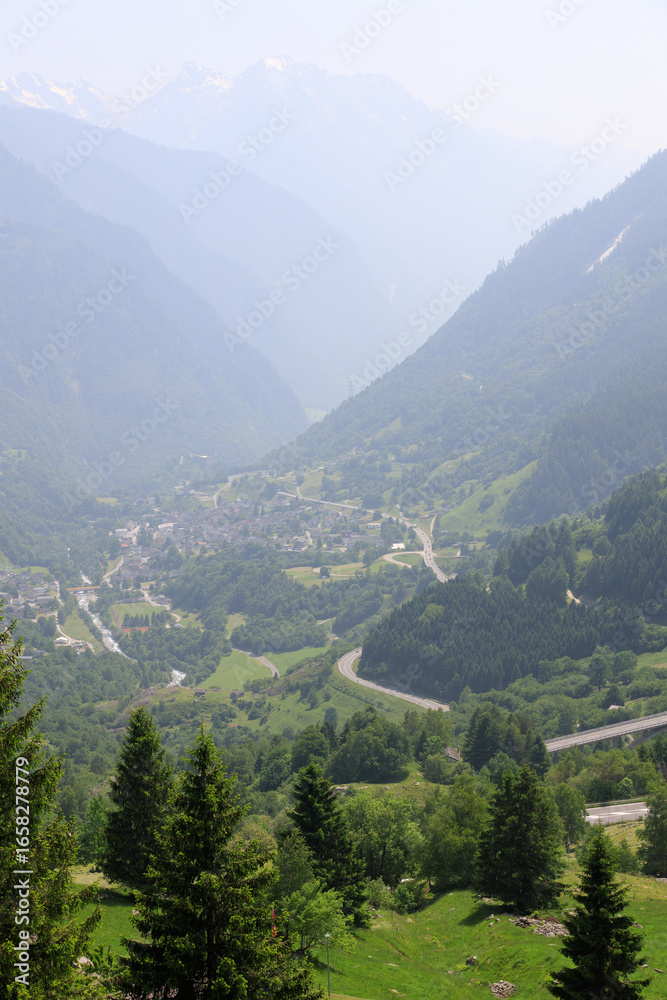 Fototapeta premium Picturesque alpine landscape with green valley and mountain forest in Switzerland