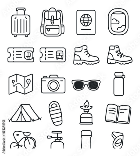 Linear travel icon set featuring luggage, backpack, passport, window, ticket, boots, map, camera, sunglasses, and more