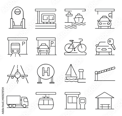 Linear transportation icon set featuring train, bus, ship, car, bicycle, airplane, helicopter, and truck symbols