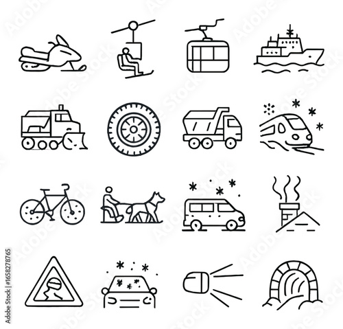 Linear winter transportation icon set featuring skiing, cable car, snow plow, train, bicycle, and dog sled