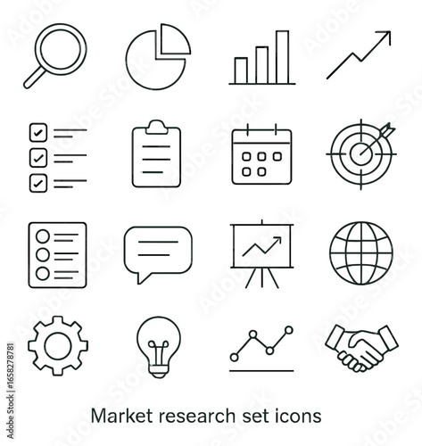 Linear market research icon set featuring chart, checklist, calendar, target, and analytics symbols