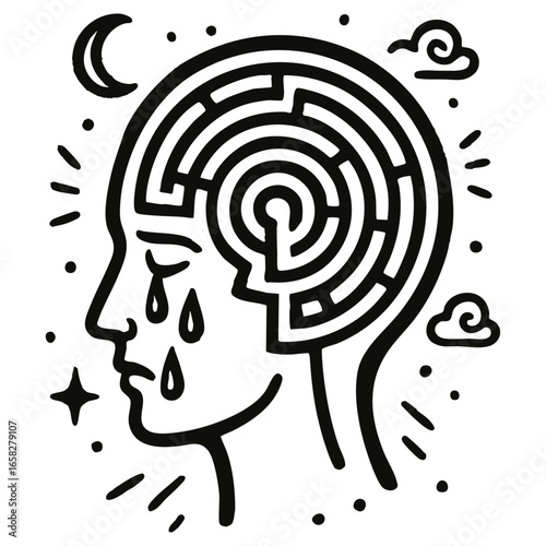 Sad human head with maze brain and tears – mental health depression concept illustration.