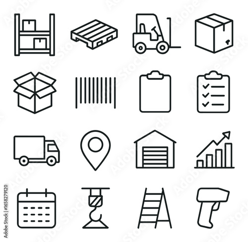 Linear warehouse icon set featuring shelf, pallet, forklift, box, barcode, clipboard, truck, location, garage, chart, calendar, hoist, ladder, scanner