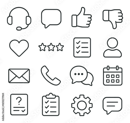 Silhouette communication icons set featuring headset, chat, thumbs, heart, checklist, calendar, and email symbols