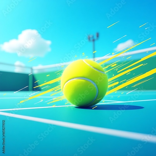 A bright green tennis ball rests on the white line of a sun-drenched outdoor court, ready for a match