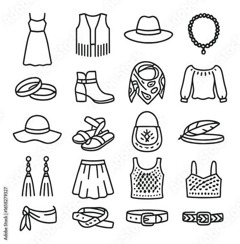 Silhouette fashion icon set featuring dress, hat, necklace, shoes, handbag, and belt designs