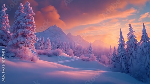 White snowy forest magical scene with golden morning sun high resolution picture