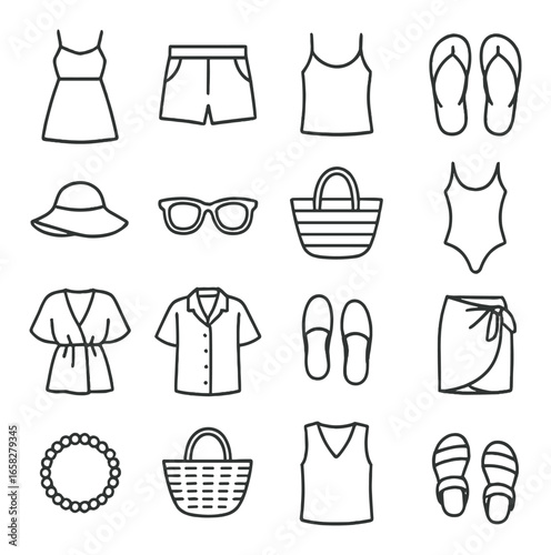 Linear summer clothing icon set featuring dress, shorts, tank top, sandals, hat, sunglasses, and beach bag