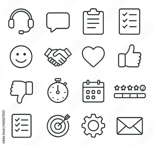Linear business icons set featuring headset, speech bubble, checklist, handshake, heart, and thumbs-up symbols