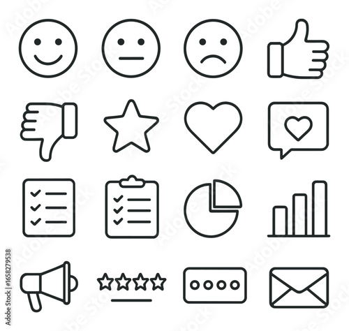 Silhouette feedback icon set with smiley, neutral, sad, thumbs up, thumbs down, star, heart, message