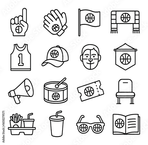 Linear basketball icon set featuring glove, megaphone, ticket, jersey, cap, and snack symbols