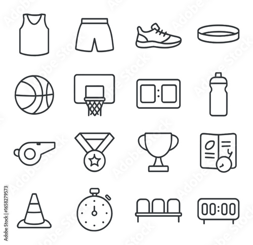 Linear sports icon set featuring jersey, shorts, sneaker, wristband, basketball, hoop, scoreboard, water bottle