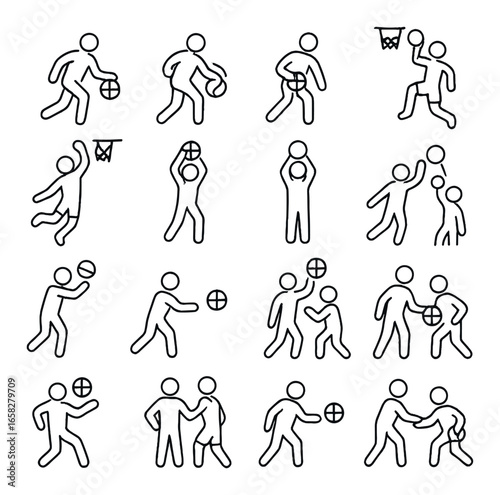 Linear basketball icon set featuring dunk, dribble, pass, jump shot, defense, and free throw actions
