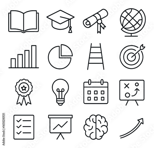 Linear education icon set featuring book, graduation cap, diploma, globe, chart, and target symbols