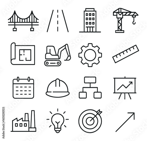 Linear construction icon set featuring bridge, road, building, crane, blueprint, excavator, and gear symbols