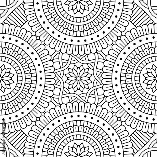 Vector mandala background. Texture in white and black colors. Square design for coloring page for kids and adults, pillow, card, fashion print, utensils, engraving