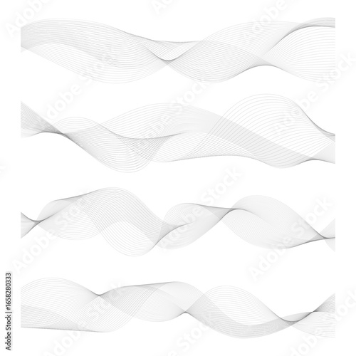 Set of vector isolated gray flowing wave lines. Abstract element for banner, template, wallpaper design. Smooth stripe for technology, digital, science, music, business, modern concept. Blend effect