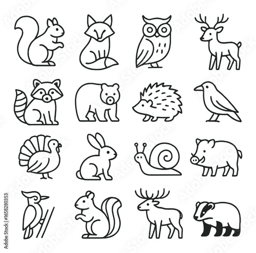 Silhouette animal icon set featuring squirrel, fox, owl, deer, raccoon, bear, hedgehog, bird, turkey, rabbit, snail, boar, woodpecker, elk, badger