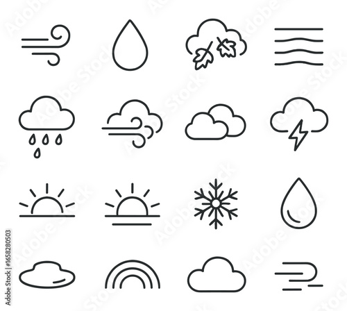 Linear weather icons set featuring wind, rain, clouds, snowflake, sun, and rainbow symbols
