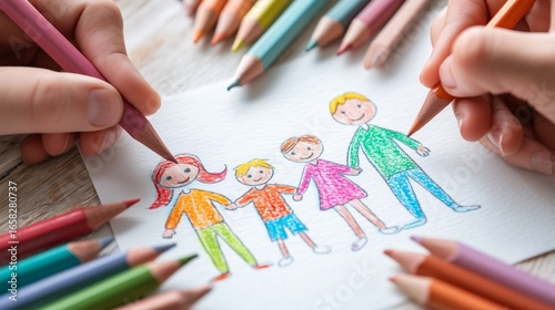 Colored pencil drawing of a child’s hands sketching a happy family. Childhood creativity, emotional expression, and the psychological assessment of children through family drawings. 