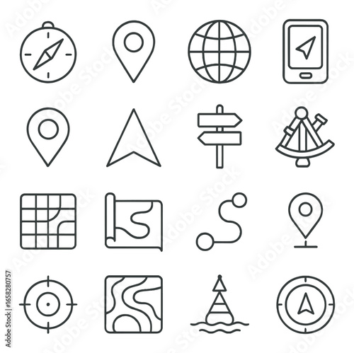 Linear navigation icon set featuring compass, map, gps, globe, and waypoint symbols