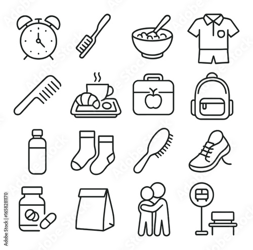 Linear morning routine icons set featuring alarm clock, toothbrush, breakfast, clothing, and backpack symbols