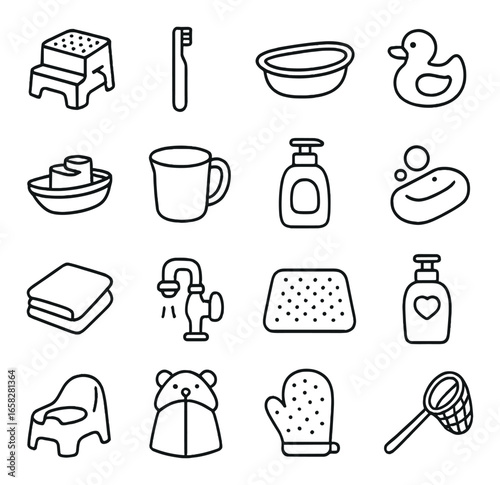 Linear bath time icon set featuring stool, toothbrush, tub, duck, boat, mug, soap dispenser, bar soap