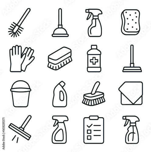 Linear cleaning tools icon set featuring mop, plunger, spray, sponge, gloves, brush, and bucket