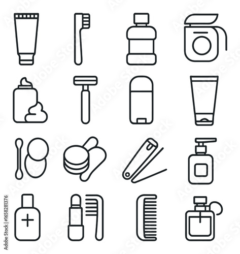 Linear personal care icons set featuring toothpaste, toothbrush, mouthwash, detergent, shampoo, razor, deodorant, face cream