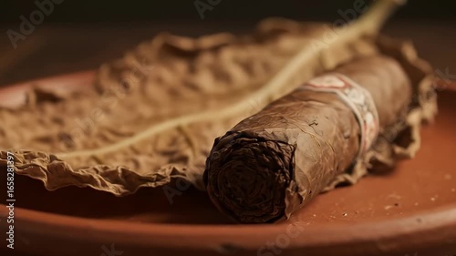 A cigar rests on a large dried leaf within a terracottacolored dish