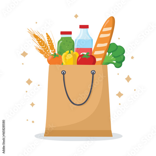 Grocery Shopping Bag with Bread, Vegetables and Bottles - AI Generated