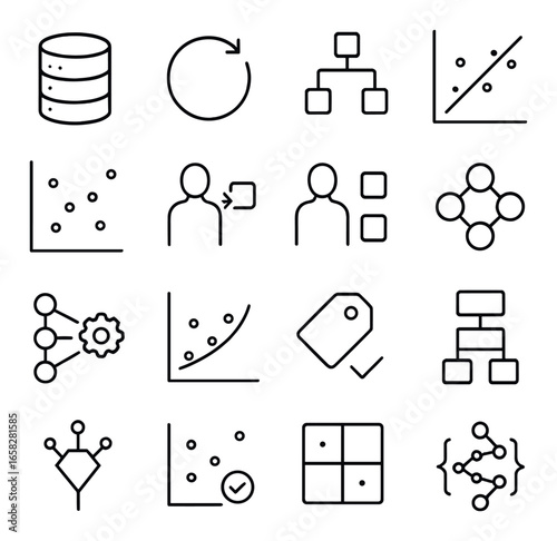Linear data analytics icon set featuring database, reload, hierarchy, graph, scatter plot, and algorithm symbols