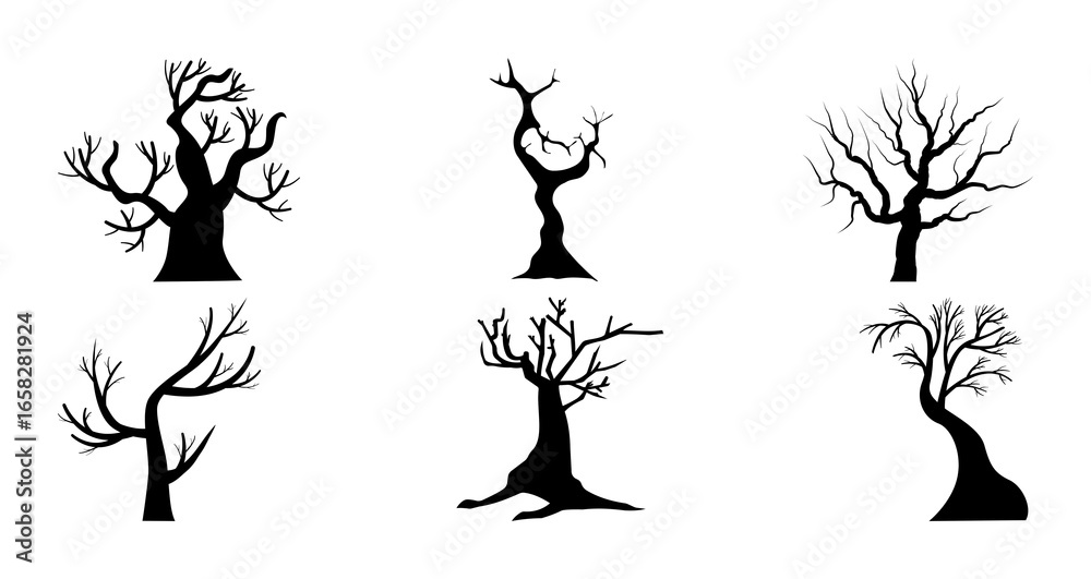 A collection of six silhouette vectors of spooky, leafless Halloween trees. A collection of six silhouette vectors of spooky, leafless Halloween trees.