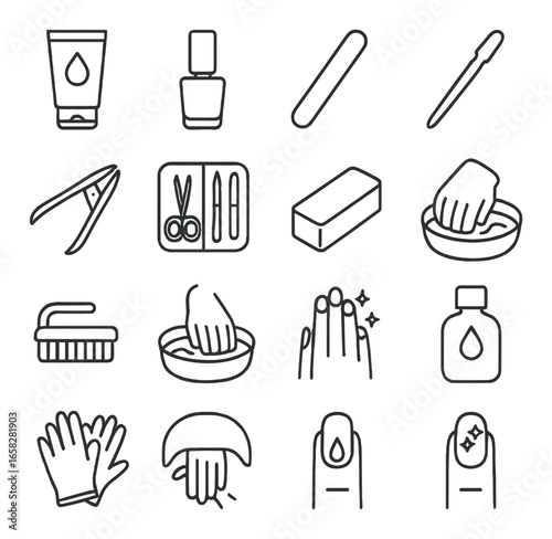 Linear manicure icon set featuring nail polish, file, clipper, cuticle, lotion, and brush symbols
