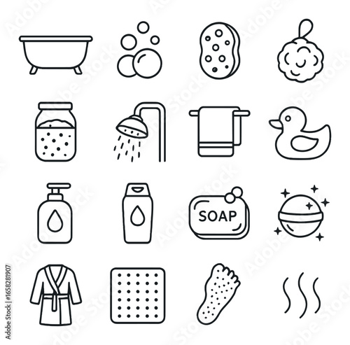 Linear bathroom icon set featuring tub, bubbles, sponge, shower, towel, duck, soap, lotion