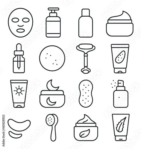 Linear skincare icon set featuring face mask, serum, cream, roller, lotion, sunscreen, and cleanser symbols