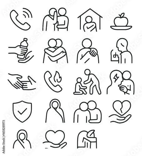 Linear community support icon set featuring empathy, care, shelter, handshake, and wellness symbols