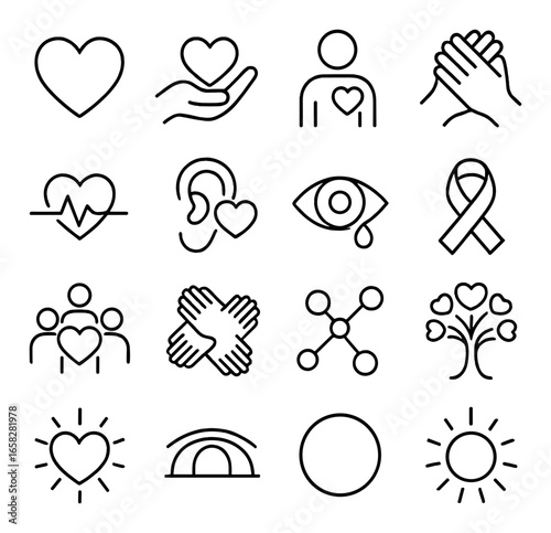 Linear wellness icon set featuring heart, care, health, awareness, community, and nature symbols