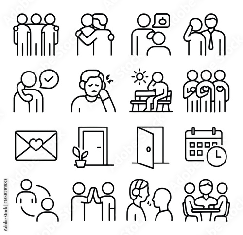 Linear social interaction icons set featuring group, conversation, handshake, email, door, and calendar symbols